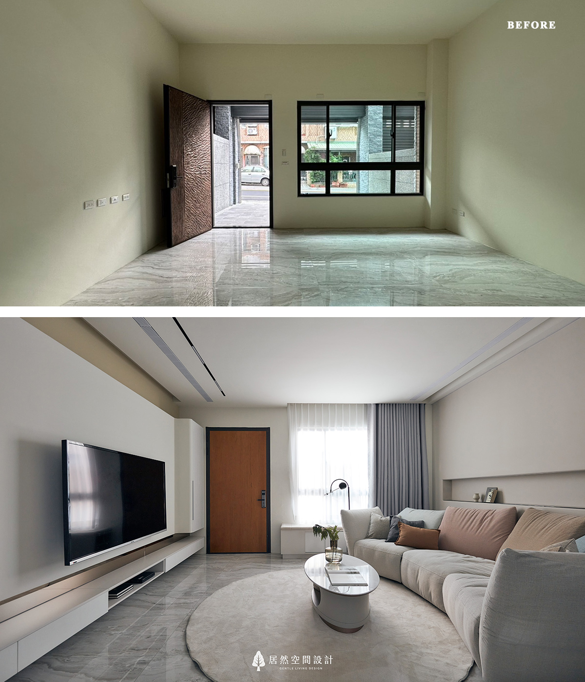 空間專訪-台中雅致光氛透天宅|改造後以柔和燈光、圓弧沙發與系統櫃體打造溫馨客廳,玄關處也增設收納機能,提升實用與美感。