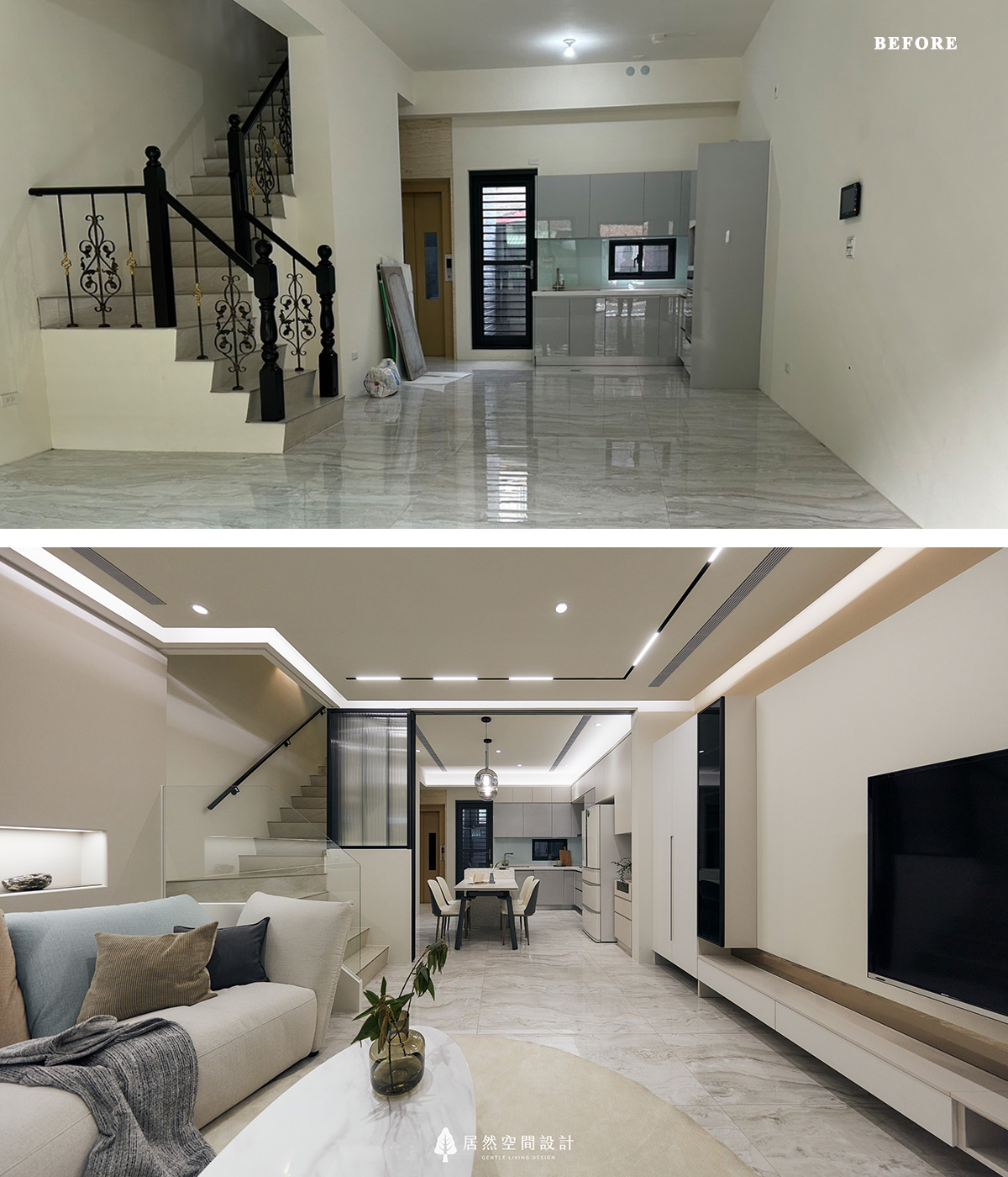 台中雅致光氛透天宅|蛻變為現代輕奢風格的開放式客餐廚空間,玻璃扶手與長虹玻璃拉門讓光線穿透,燈光與櫃體設計強化空間層次與收納機能。