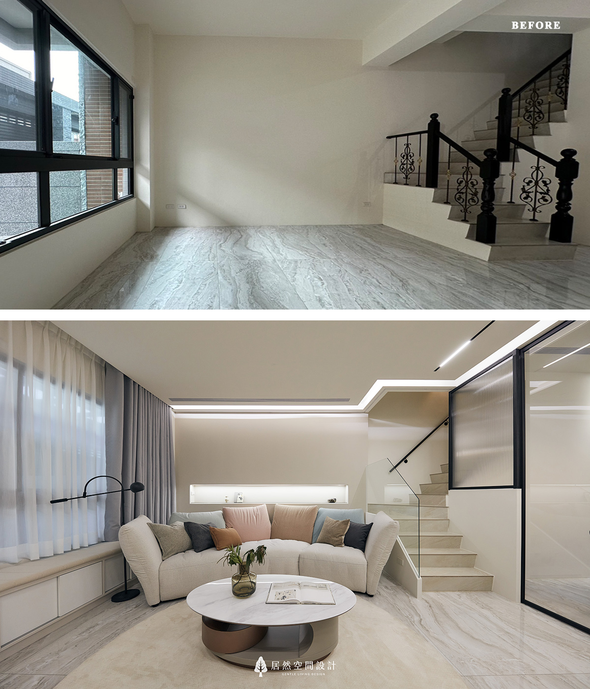 空間專訪-台中雅致光氛透天宅|原始空間單調無趣,改以大地色沙發、圓形茶几與層板間接光源搭配斜面天花,提升空間立體層次與舒適氛圍。