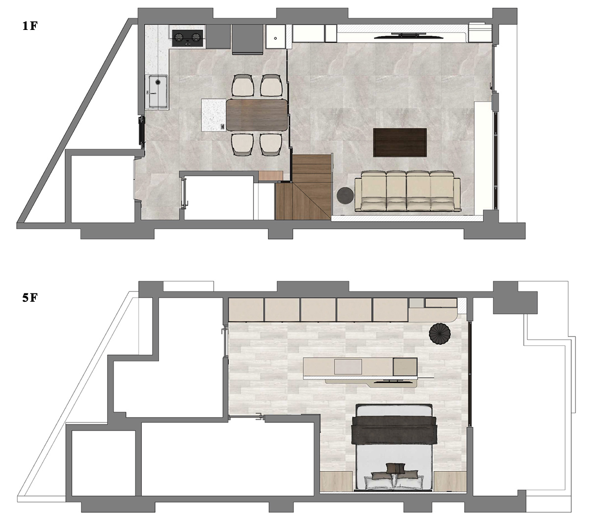 台中雅致光氛透天宅|一樓規劃為開放式客餐廳與廚房,五樓為主臥專屬層,配置獨立睡眠區、更衣區與寬敞梳妝檯,強化私領域機能與舒適性。