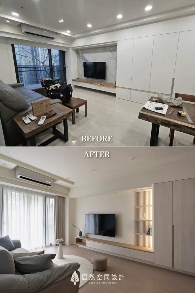 台中老屋翻新案例映日柔語,告別深色厚重的過往,以米白色調與淺木紋系統櫃重塑視覺。將老舊書房併入次臥,讓孩子的成長空間更顯輕盈與柔光。