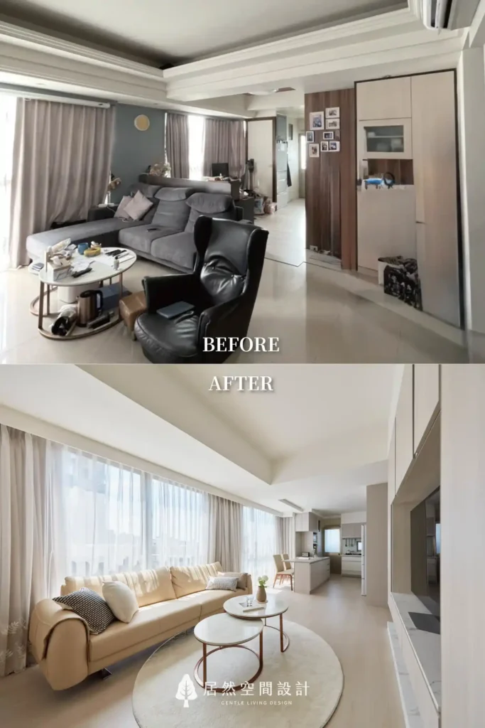 老屋翻新案例蒔予,透過轉向設計與內嵌櫃體打破一眼望穿的格局。讓二十二年老屋在維持高收納量的同時,依然保有呼吸般的寬敞餘白。