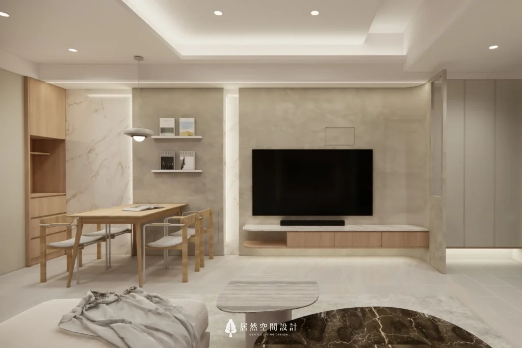 現代簡約風格的客廳客廳空間，天花板採用層板燈與嵌燈設計，電視牆搭配兩側垂直燈條與懸空櫃下方燈帶，客廳間接照明營造層次與柔和氛圍。