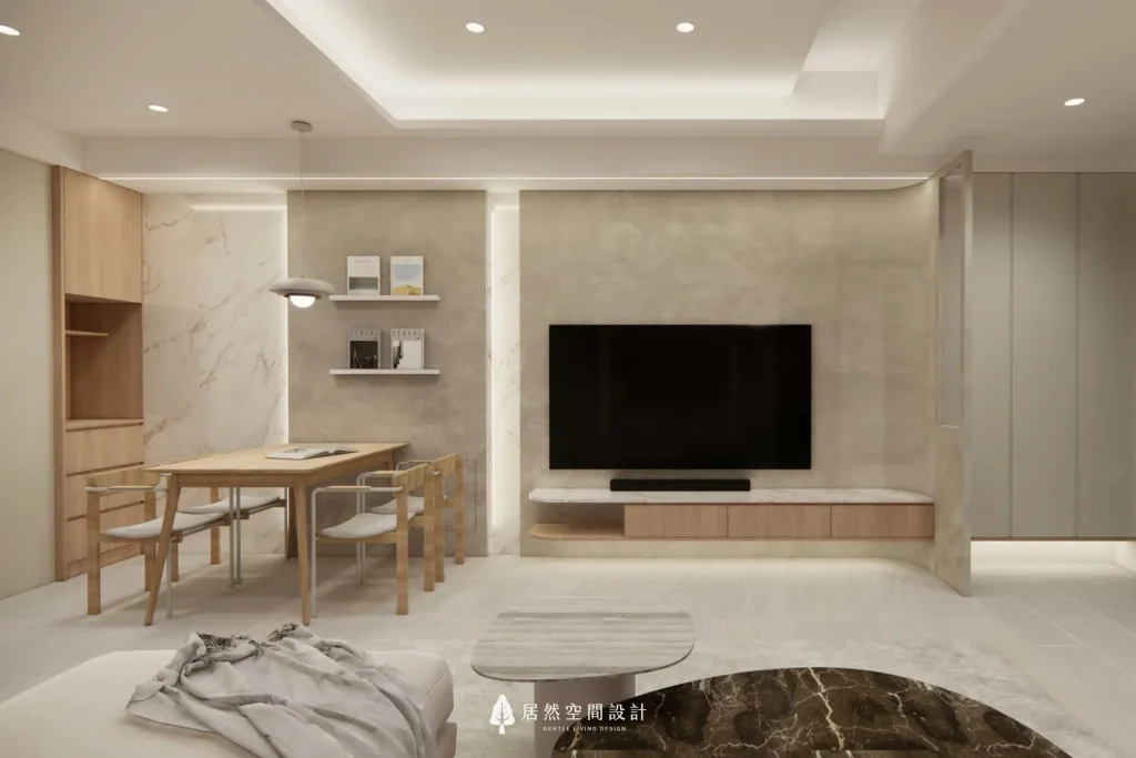 現代簡約風格的客廳客廳空間，天花板採用層板燈與嵌燈設計，電視牆搭配兩側垂直燈條與懸空櫃下方燈帶，客廳間接照明營造層次與柔和氛圍。