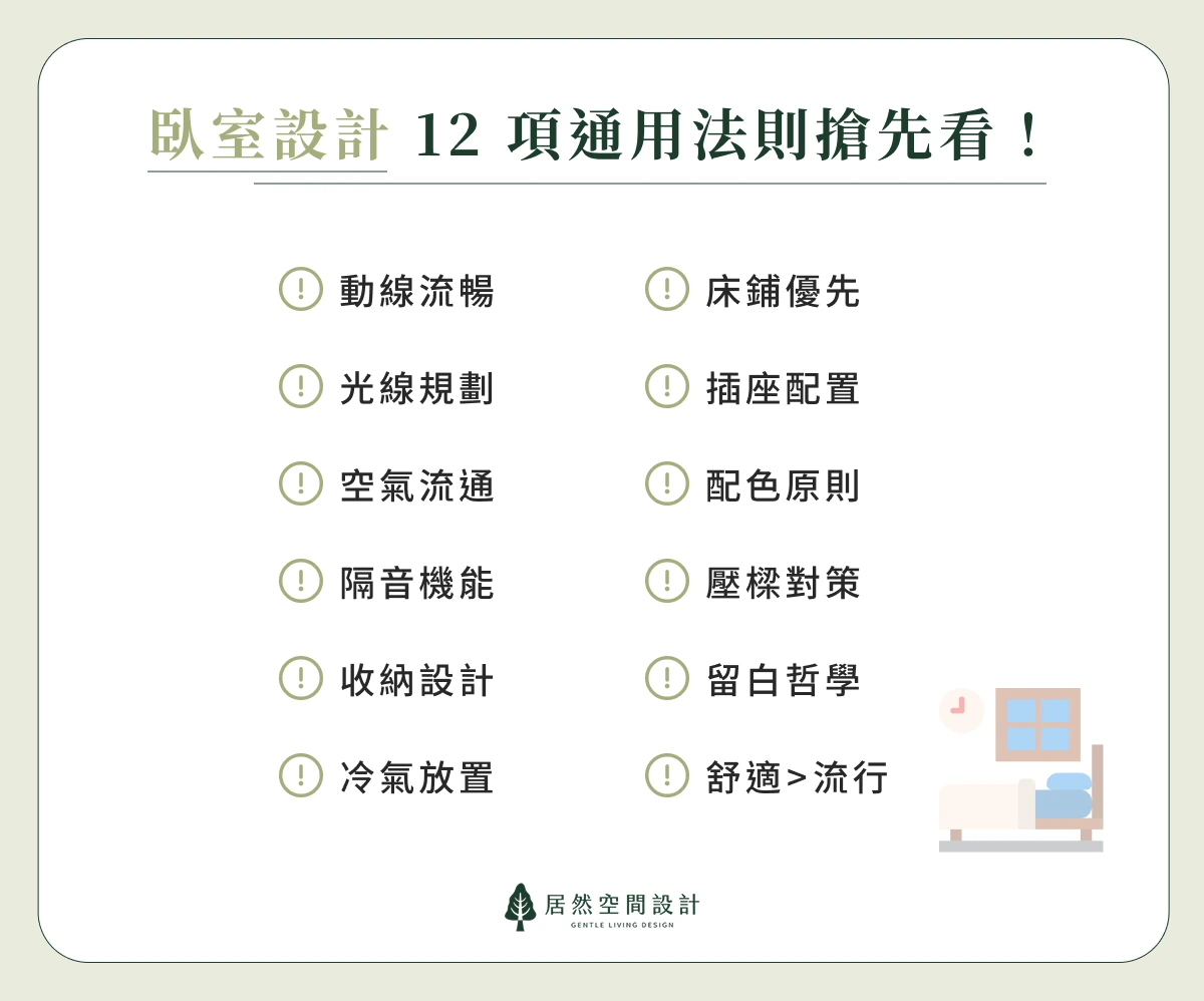 臥室設計考驗設計師的巧思，12項通用法則不藏私與您分享！包含動線規劃、光線設計、收納、插座、冷氣等配置全部跟你說。