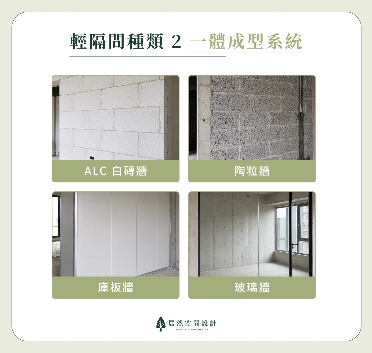常見的輕隔間種類二：一體成型！「一體成型」的輕隔間主要採工廠預製、運送至案場組裝，可分為ALC白磚牆、陶粒牆、庫板牆、玻璃牆等。